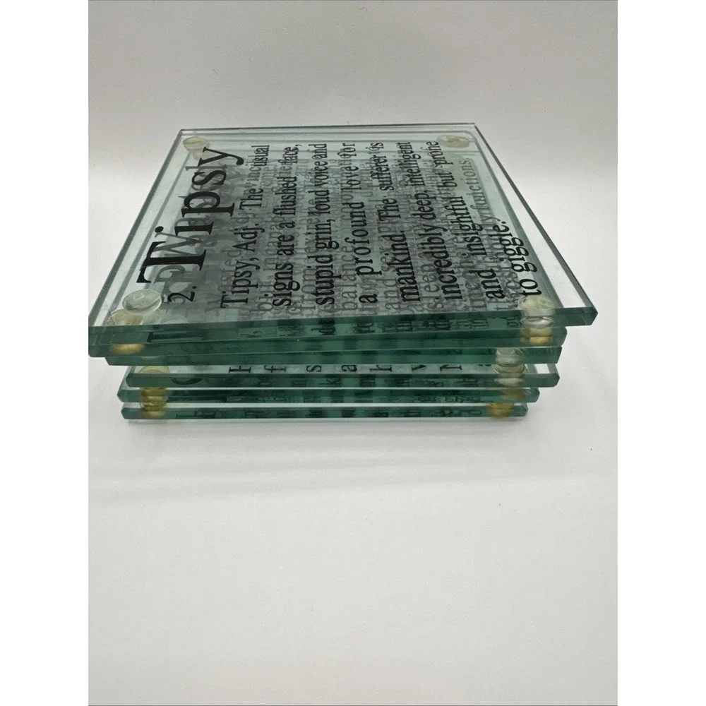 Funny How Drunk Glass Drink Coasters Set of 6 Clear Black Text 4in Square Bar